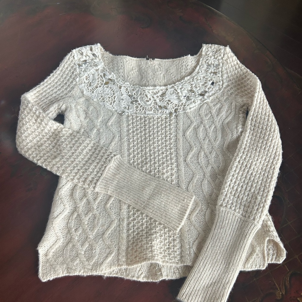 Free People Ivory Creme Aurora Jewel Embellished Lace Trim Wool Knit Sweater